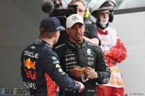 (L to R): Max Verstappen, Red Bull; Lewis Hamilton, Mercedes; Circuit de Catalunya, 2023