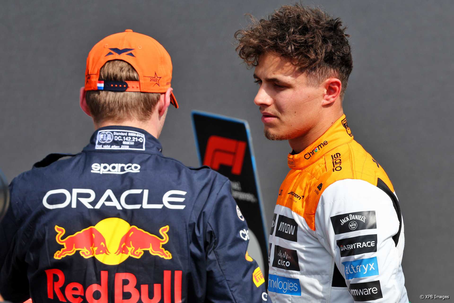 (L to R): Max Verstappen, Red Bull, Lando Norris, McLaren, Silverstone, 2023