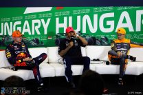 (L to R): Max Verstappen, Red Bull, Lewis Hamilton, Mercedes, Lando Norris, McLaren, Hungaroring, 2023