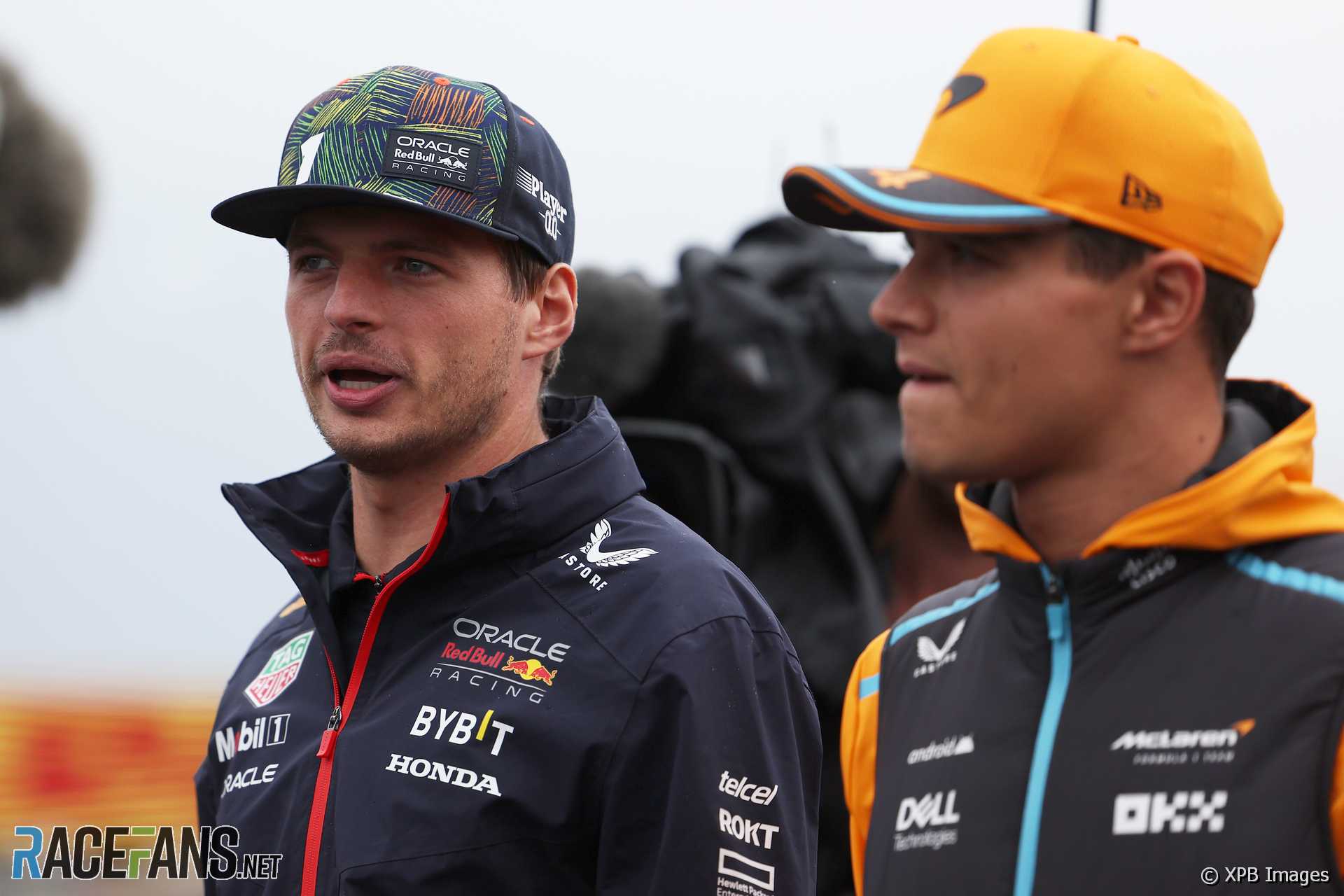 (L to R): Max Verstappen, Red Bull, Lando Norris, McLaren, Zandvoort, 2023
