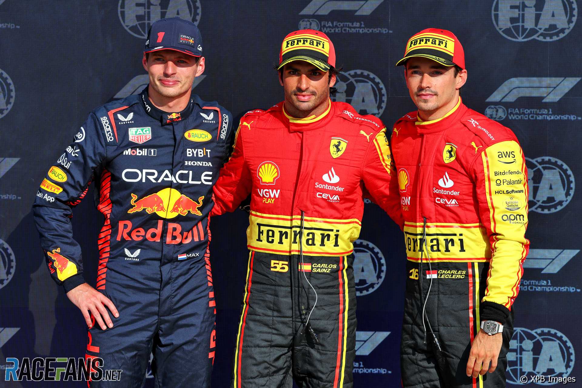 (L to R): Max Verstappen, Red Bull, Carlos Sainz Jr, Ferrari, Charles Leclerc, Ferrari, Monza, 2023