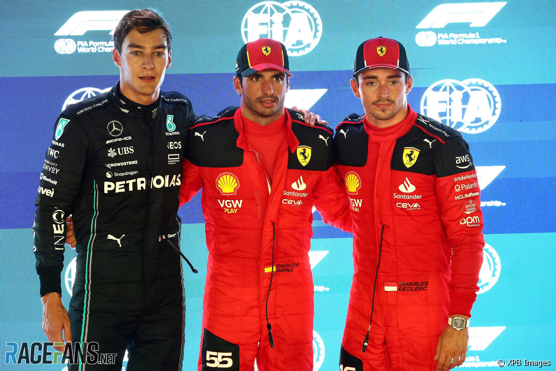 (L to R): George Russell, Mercedes, Carlos Sainz Jnr, Charles Leclerc, Ferrari, Singapore, 2023
