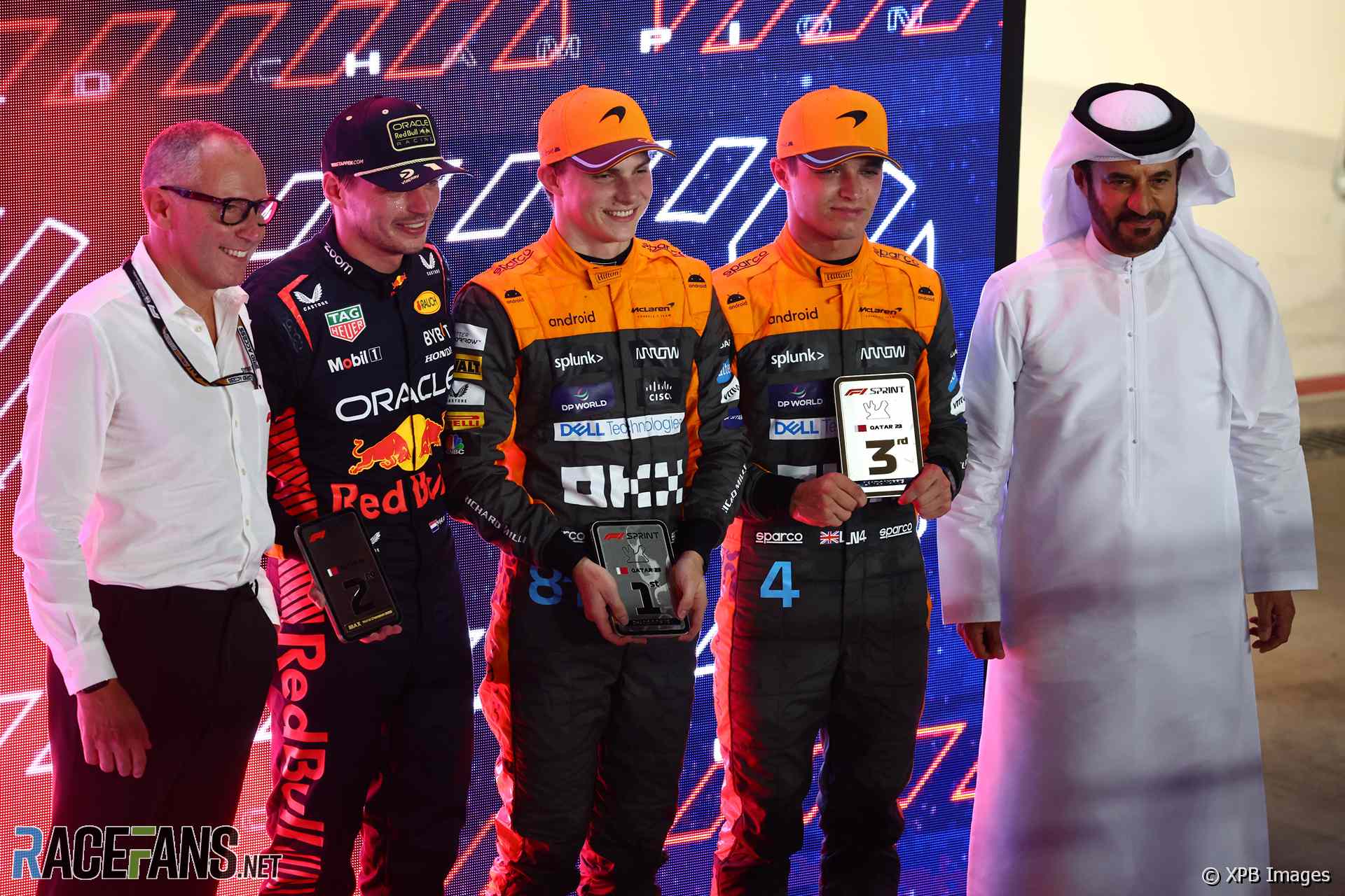(L to R): Max Verstappen, Red Bull, Oscar Piastri, Lando Norris, McLaren, Losail International Circuit, 2023