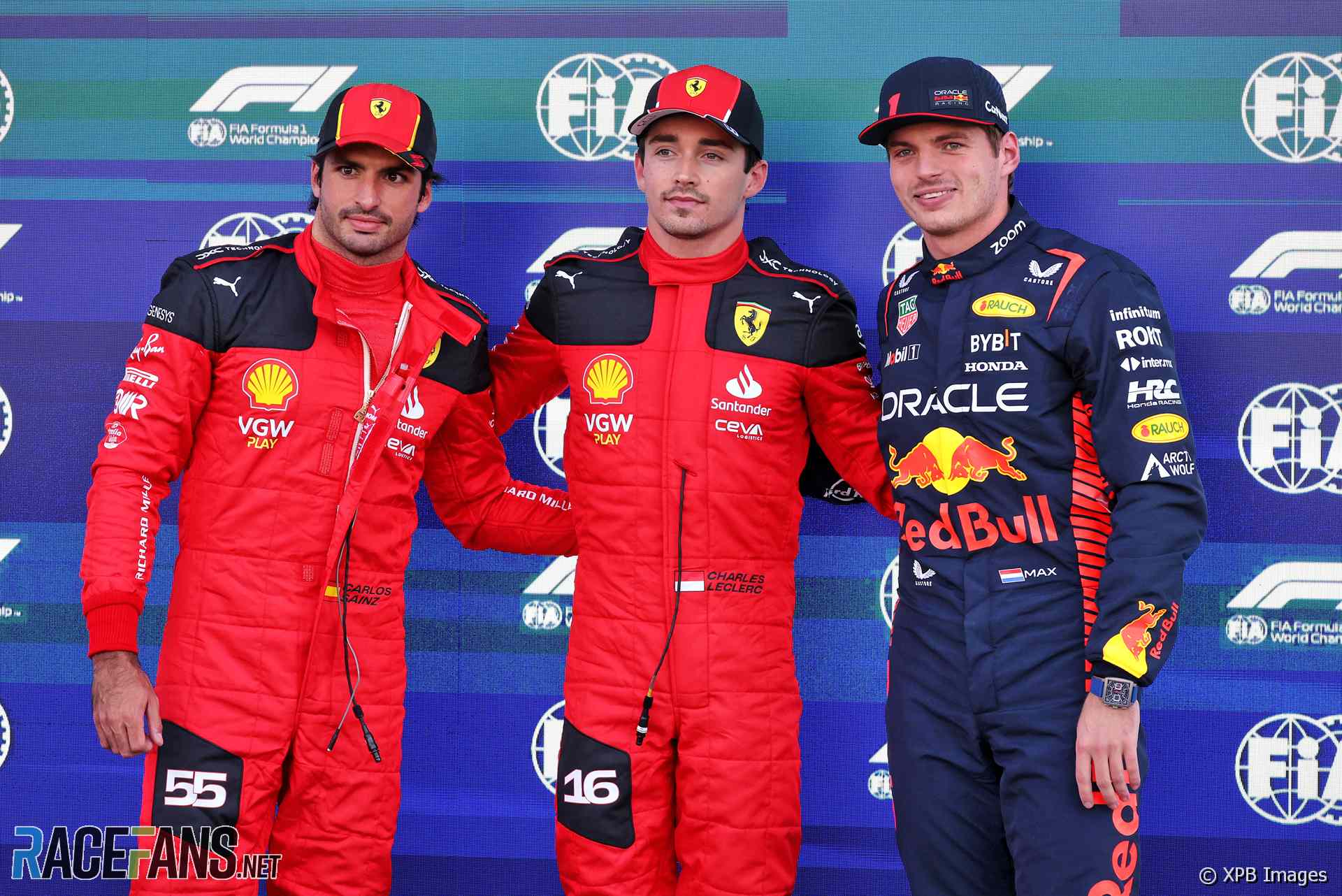 (L to R): Carlos Sainz Jnr, Charles Leclerc, Ferrari, Max Verstappen, Red Bull, Autodromo Hermanos Rodriguez, 2023
