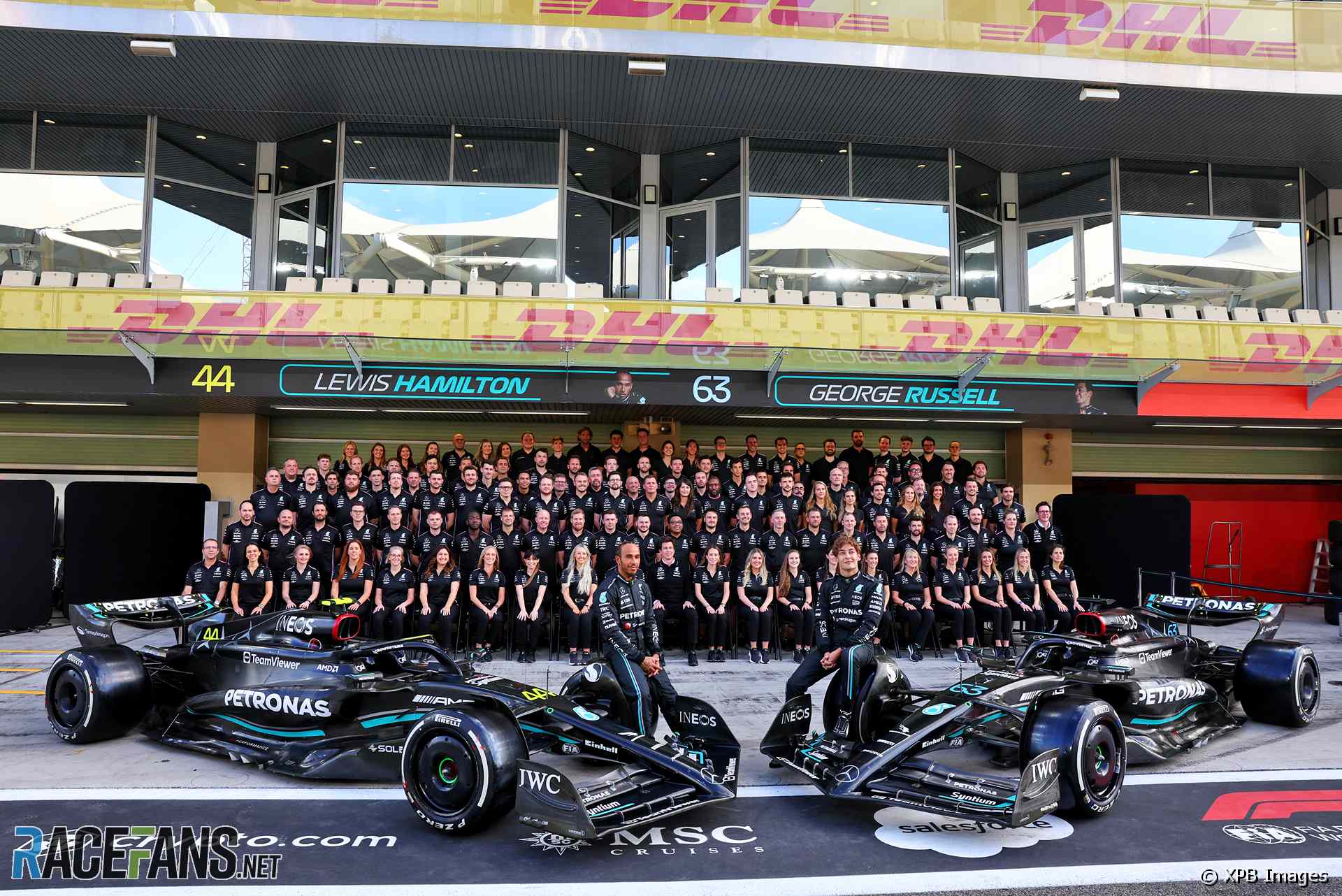 Mercedes team photograph, Yas Marina, 2023