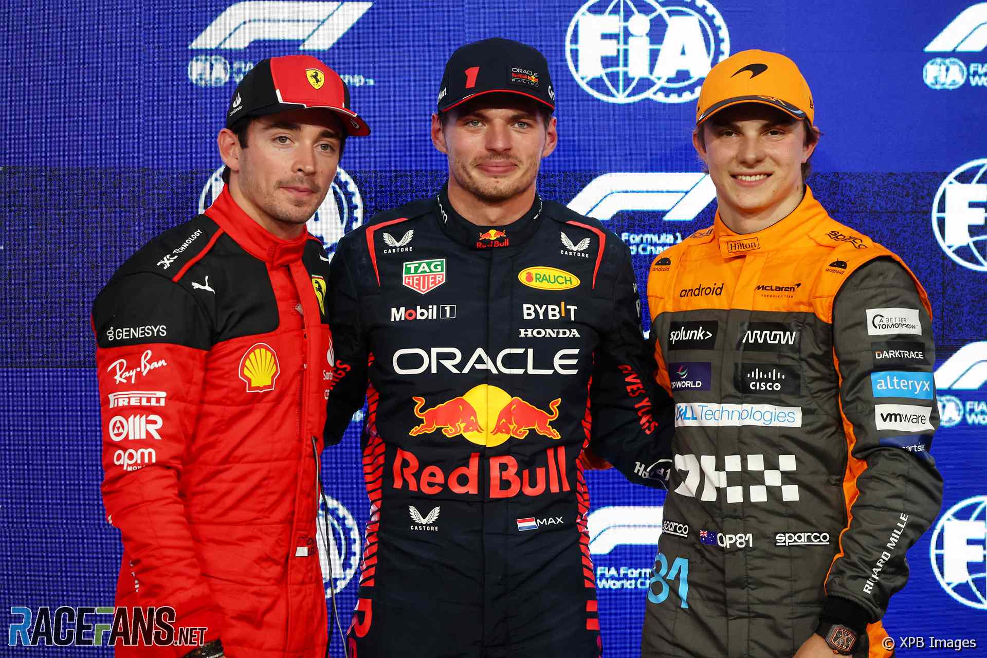 Charles Leclerc, Ferrari, Max Verstappen, Red Bull and Oscar Piastri, McLaren, Yas Marina, 2023