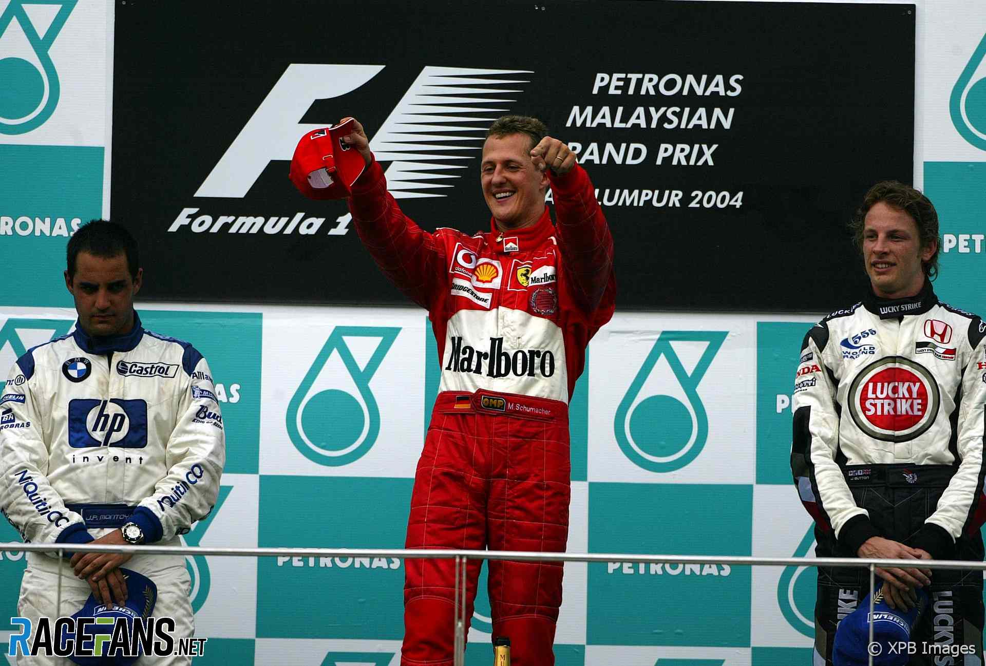 Juan Pablo Montoya, Michael Schumacher, Jenson Button, Sepang, 2004