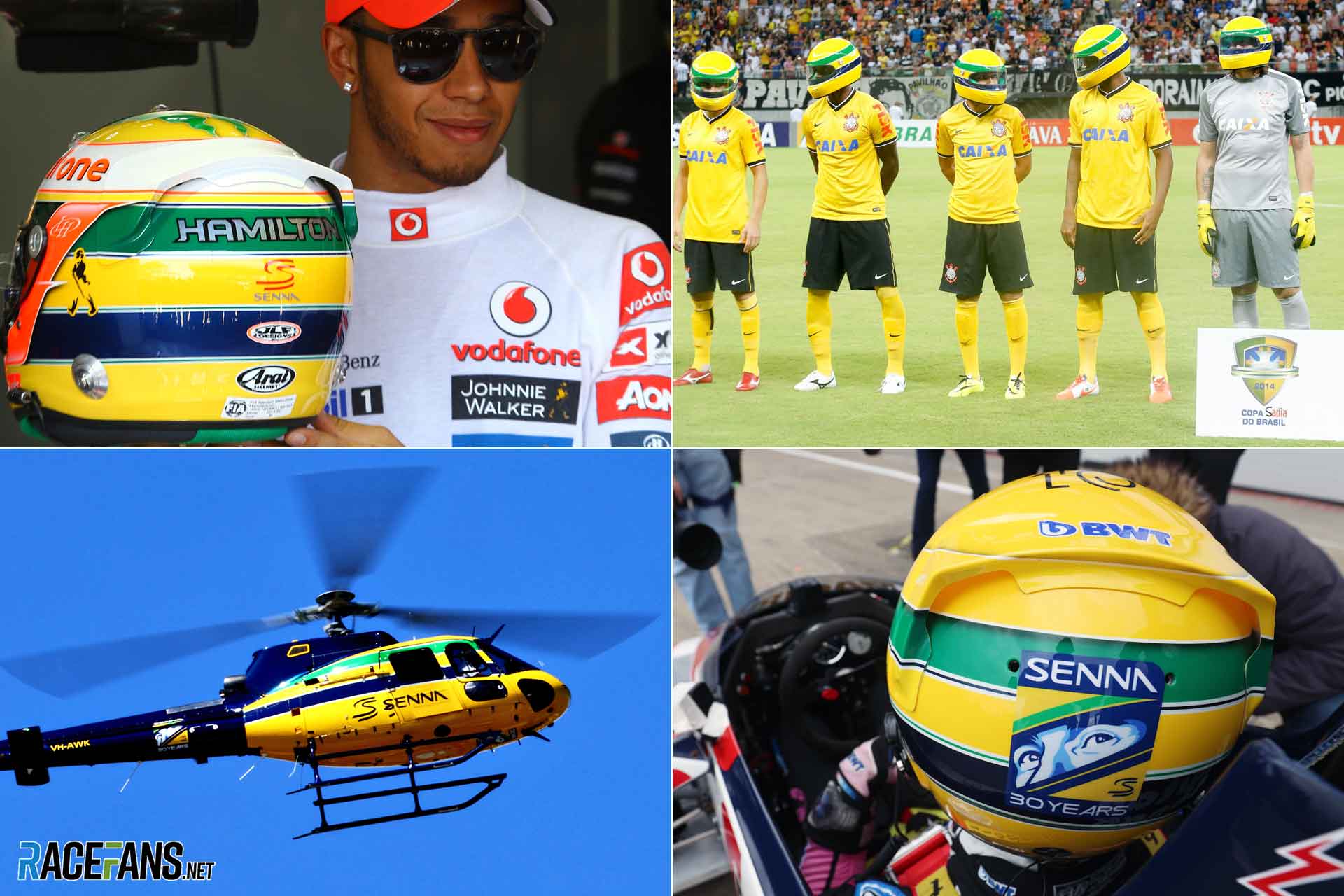 Ayrton Senna's helmet design being carried by Lewis Hamilton, Pierre Gasly, Corinthians football team and a helicopter